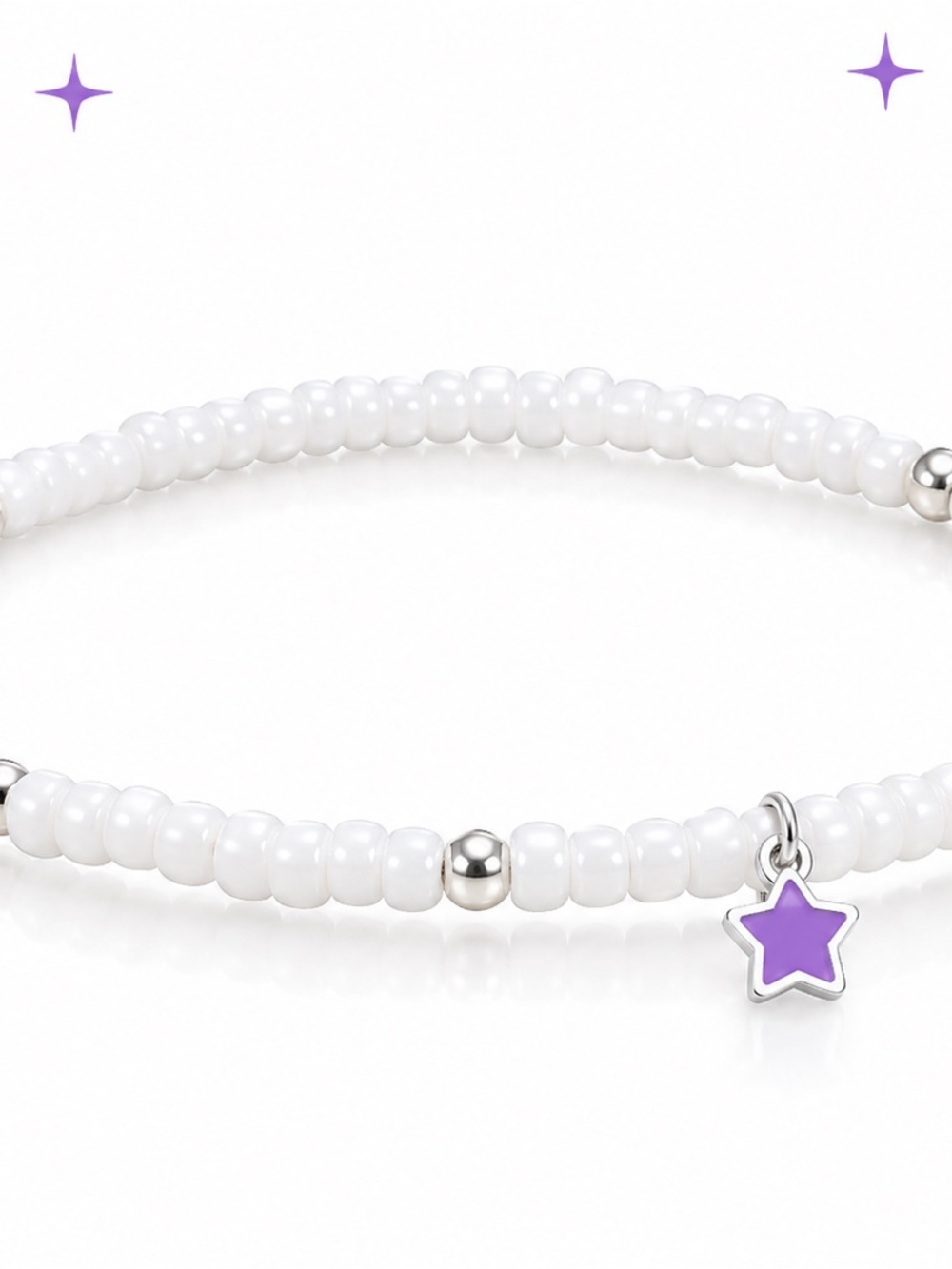 Kids White Beaded Bracelet with Purple Star Charm -